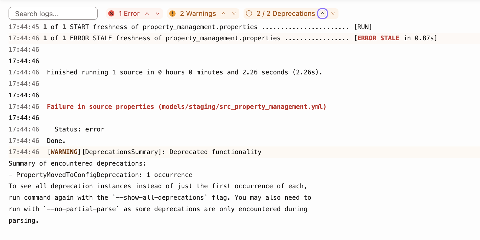 Deprecation warnings listed in the logs.